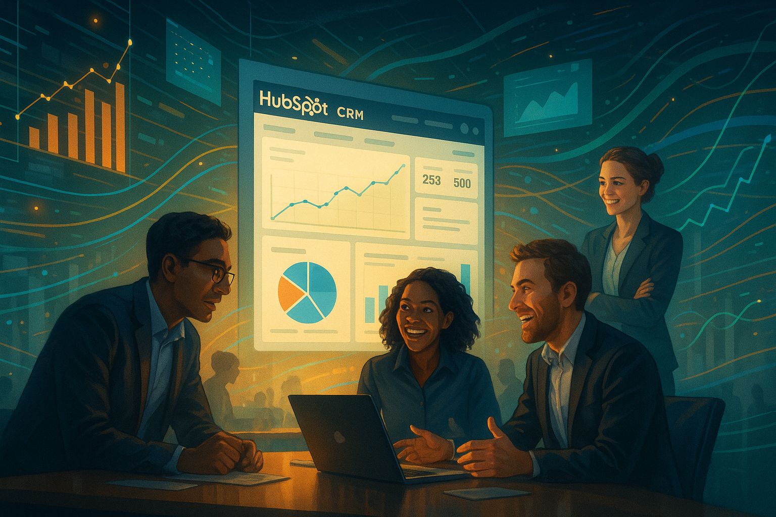 A bustling digital landscape filled with vibrant data streams flows from a central HubSpot CRM interface Charts and graphs hover in midair illuminated by soft warm light that creates a sense of opportunity and discovery In the foreground a diverse te