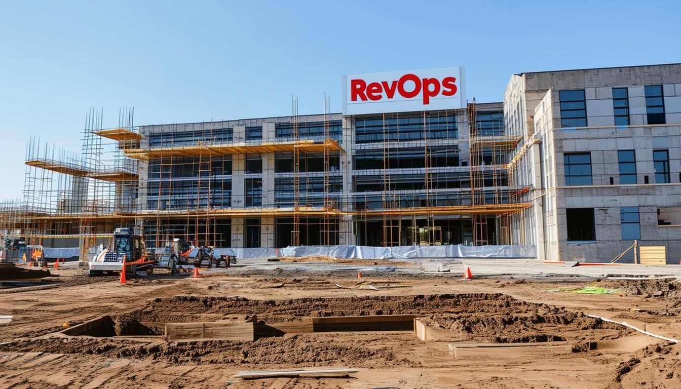 A foundation being build with a building in the background that has the letters RevOps on it