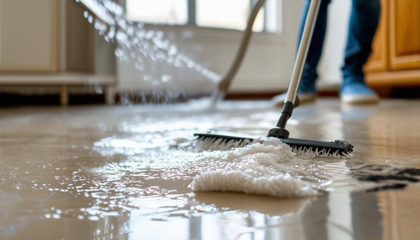 Someone mopping a floor while the faucet is running still, spilling water on the floor