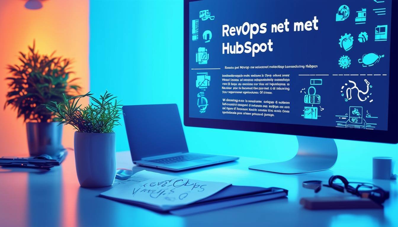 The image showcases a sleek, modern workspace with a large, illuminated monitor displaying a detailed blog post titled RevOps met HubSpot